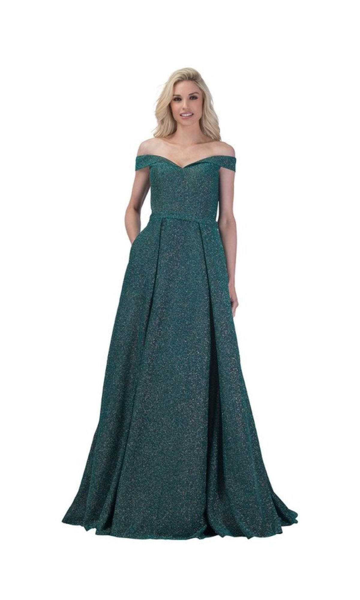 A woman stands facing forward with hands in the pockets of the Off-Shoulder Long A-Line Prom Dress: Chicas BT9025, a floor-length teal glittery gown.